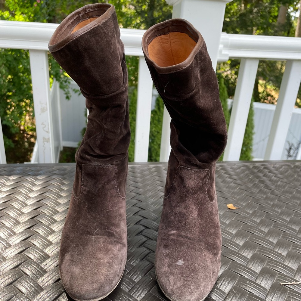 Trask, brown suede, calf height, slouchy boot